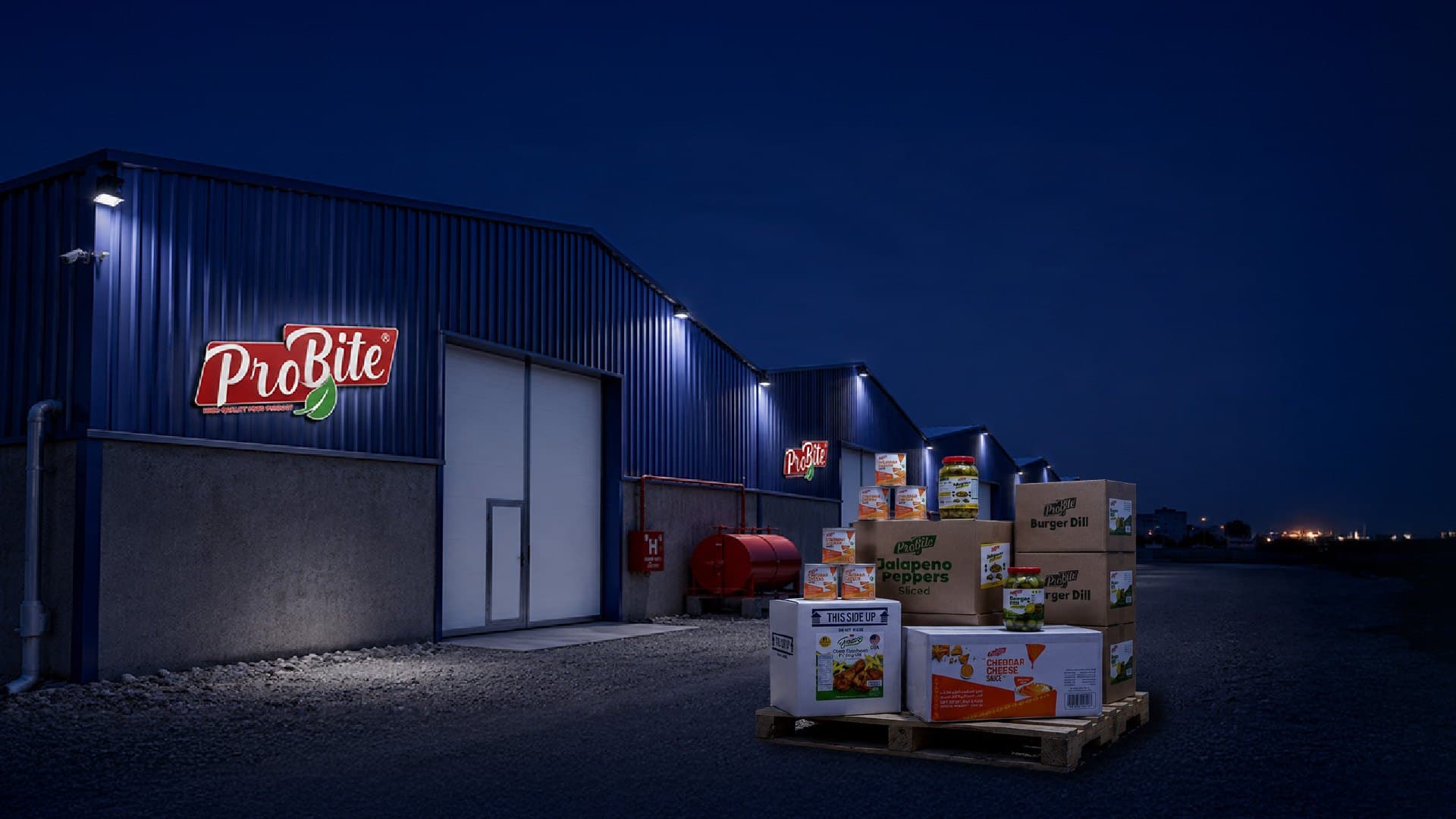 The Marasi Al-Arz plant at dusk, with a palletised ProBite order standing outside